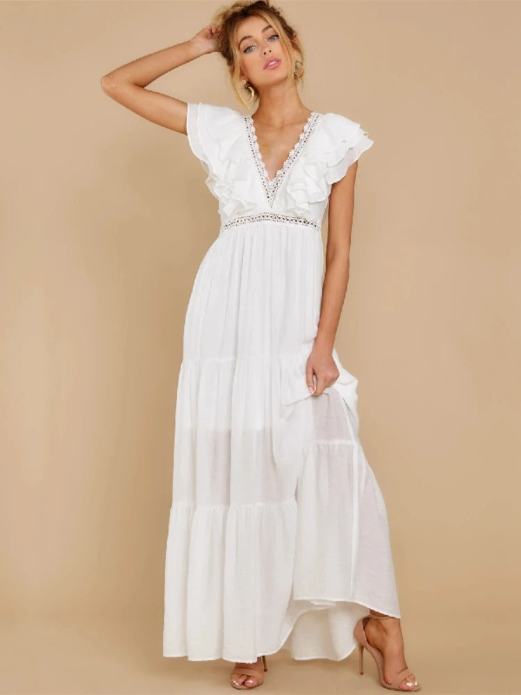 Vestido Longo de Renda Branca com Decote em V