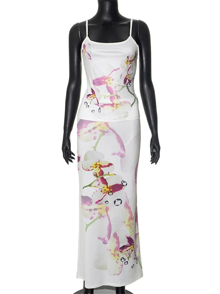 Vestido Longo Verão Alças Finas com Estampa Floral Artística