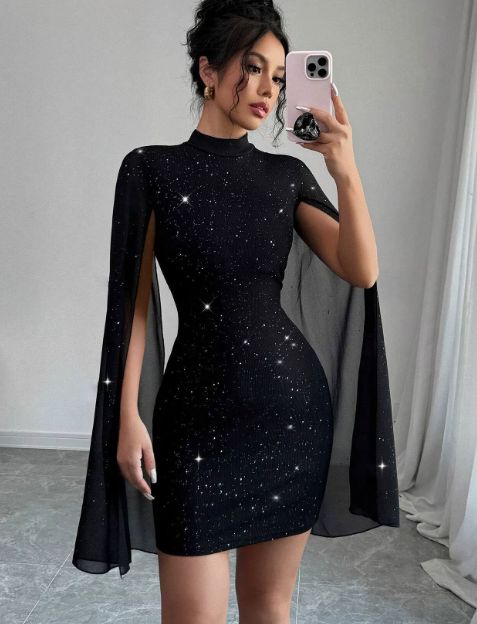 Vestido Elegante com Gola Pérola e Capa de Chiffon