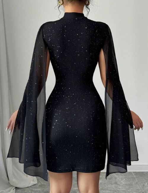 Vestido Elegante com Gola Pérola e Capa de Chiffon