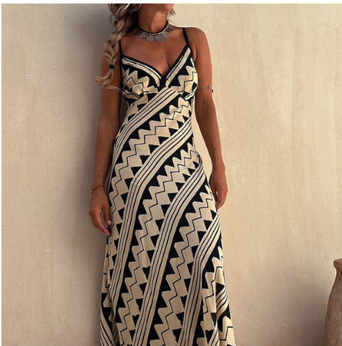 Vestido Longo Boho Étnico com Alças Finas e Estampa Tribal