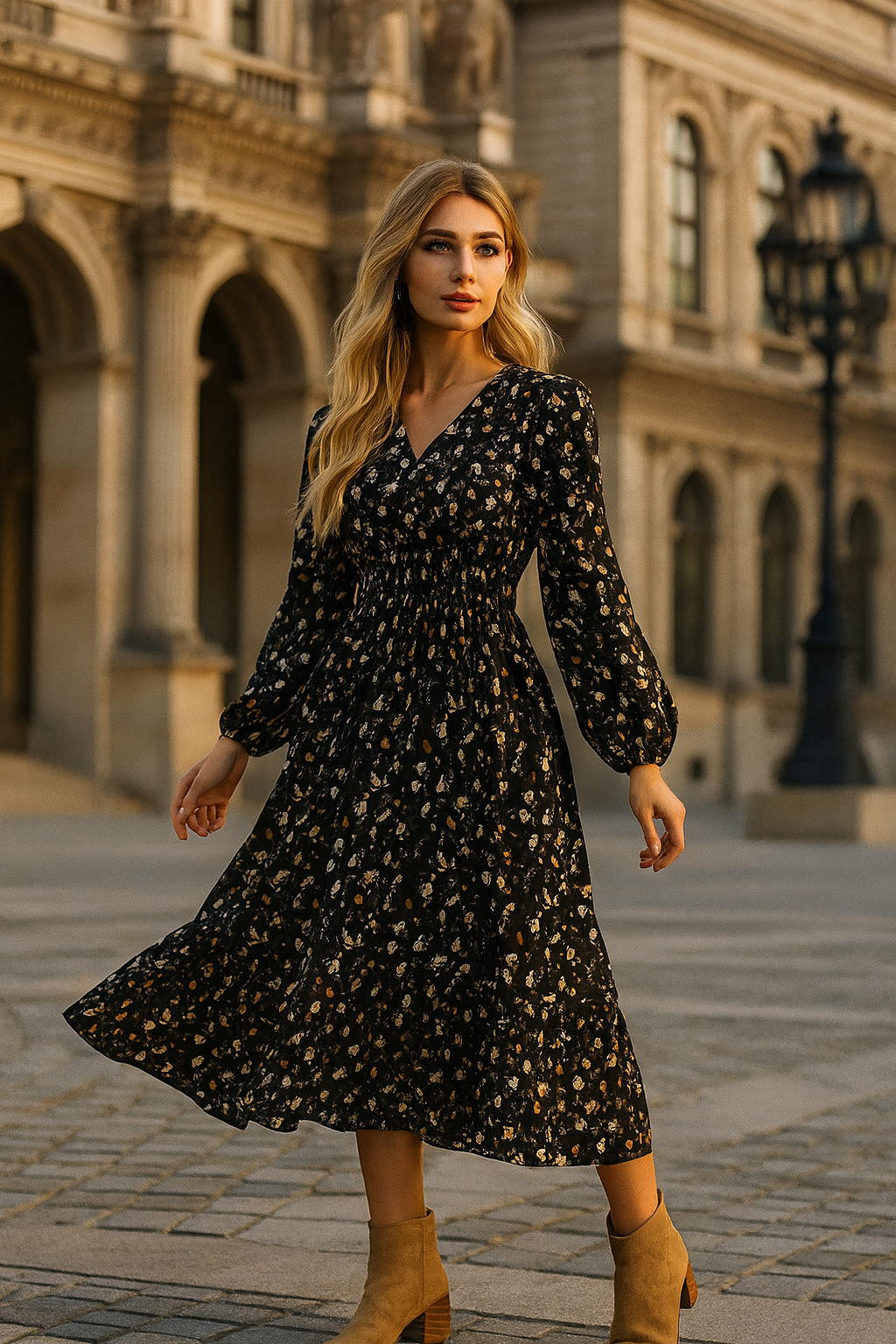 Vestido Midi Floral Escuro com Manga Longa e Cintura Marcada