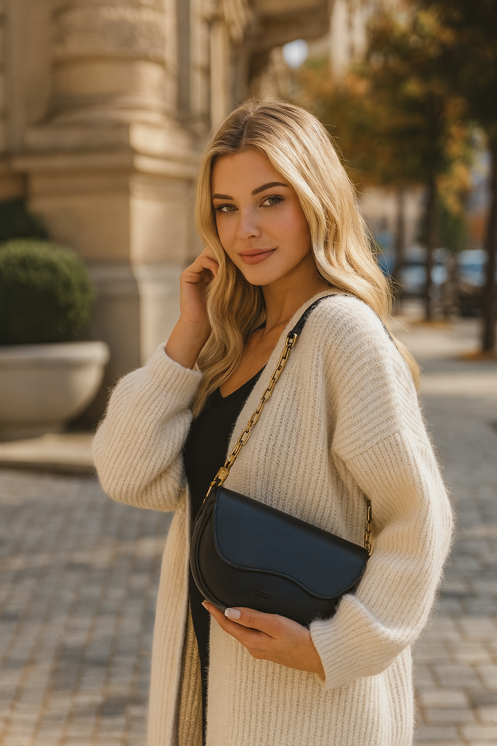 Bolsa Curva com Aba Escultural e Corrente Elegante