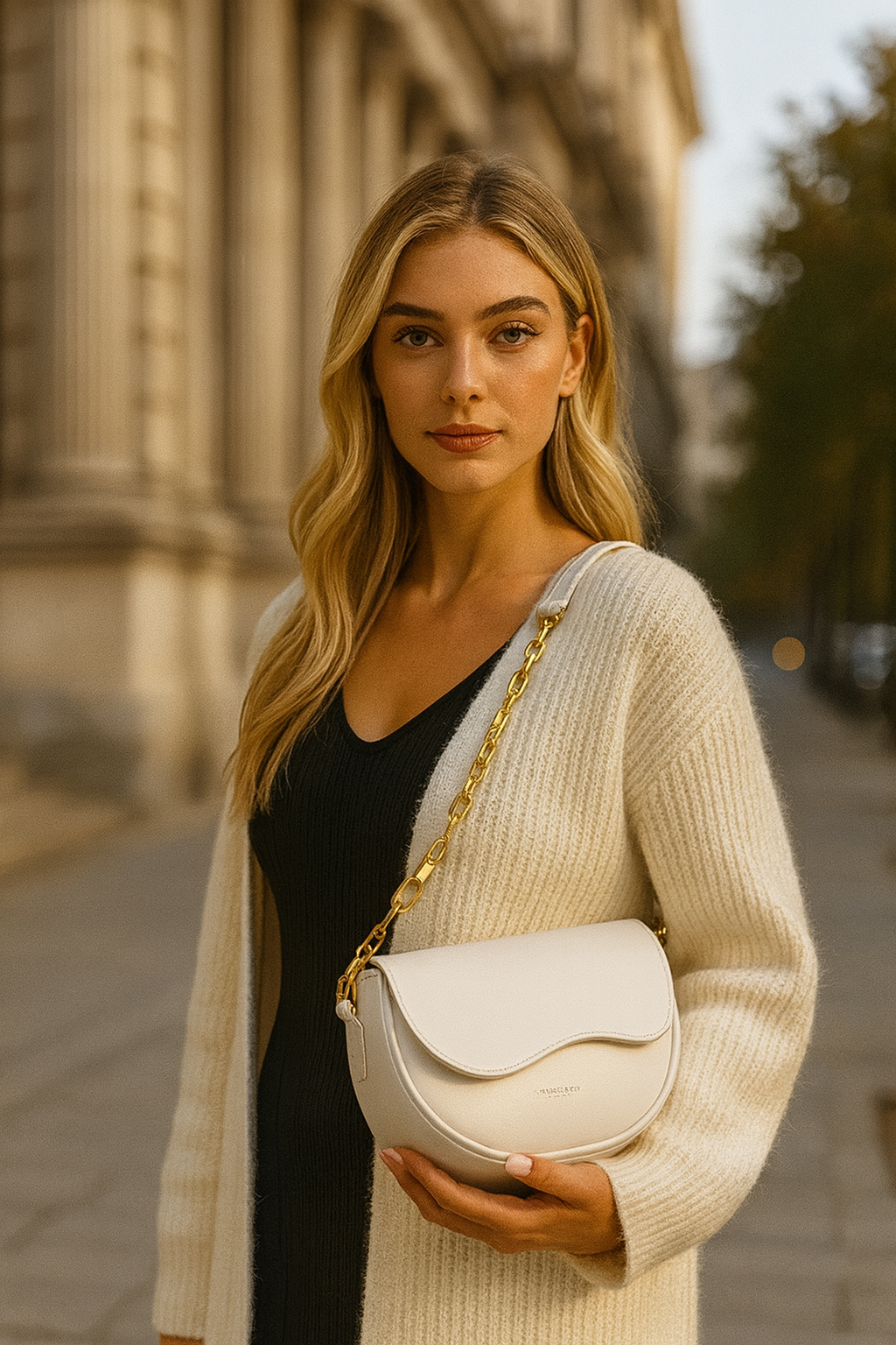 Bolsa Curva com Aba Escultural e Corrente Elegante