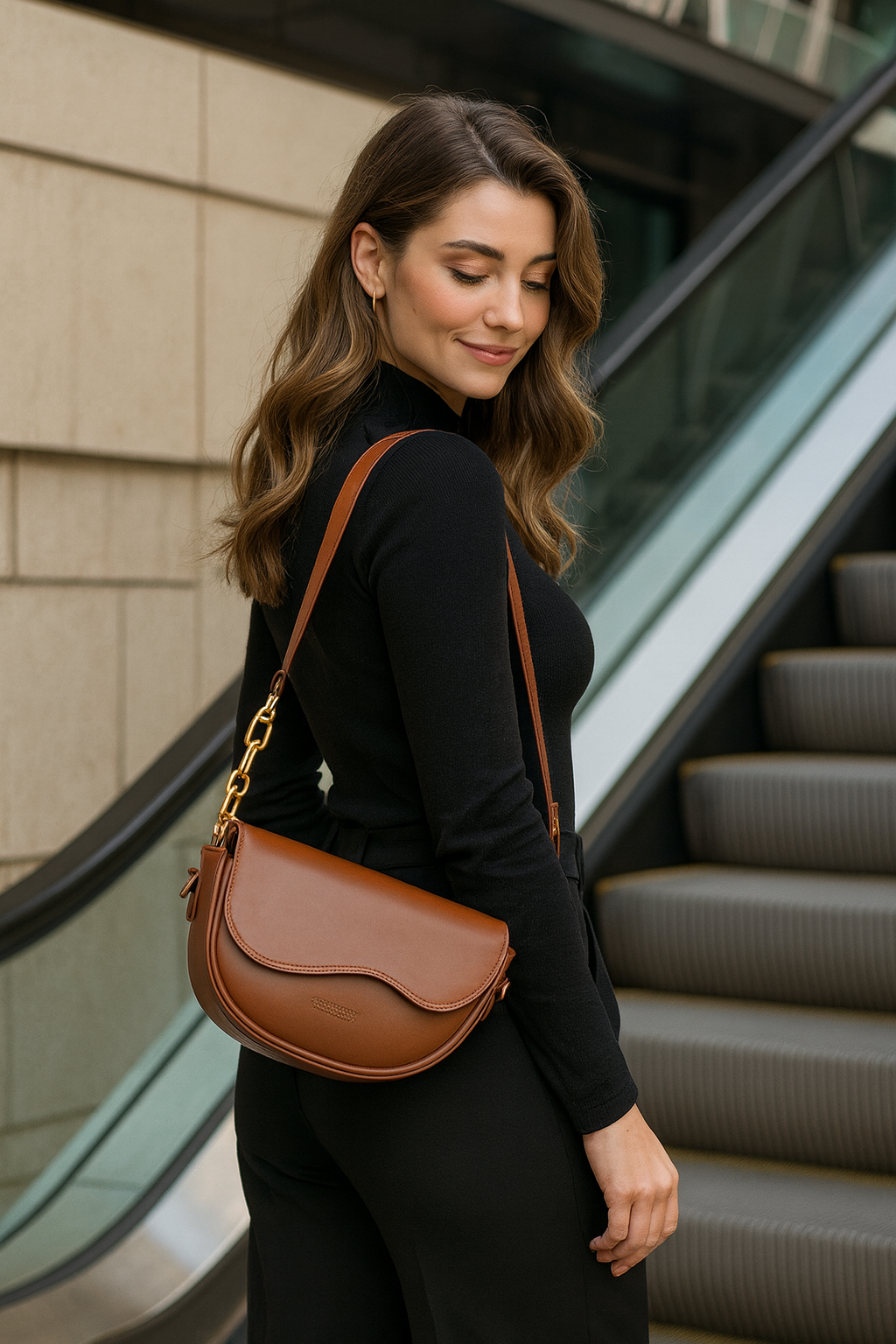 Bolsa Curva com Aba Escultural e Corrente Elegante