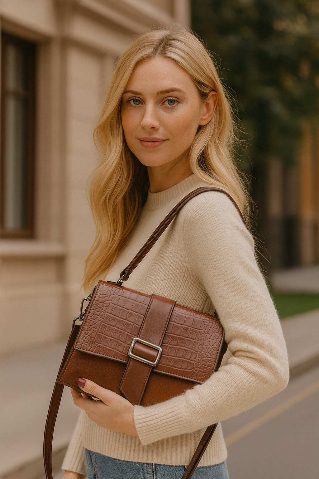 Bolsa Estruturada com Textura Croco e Fivela de Impacto