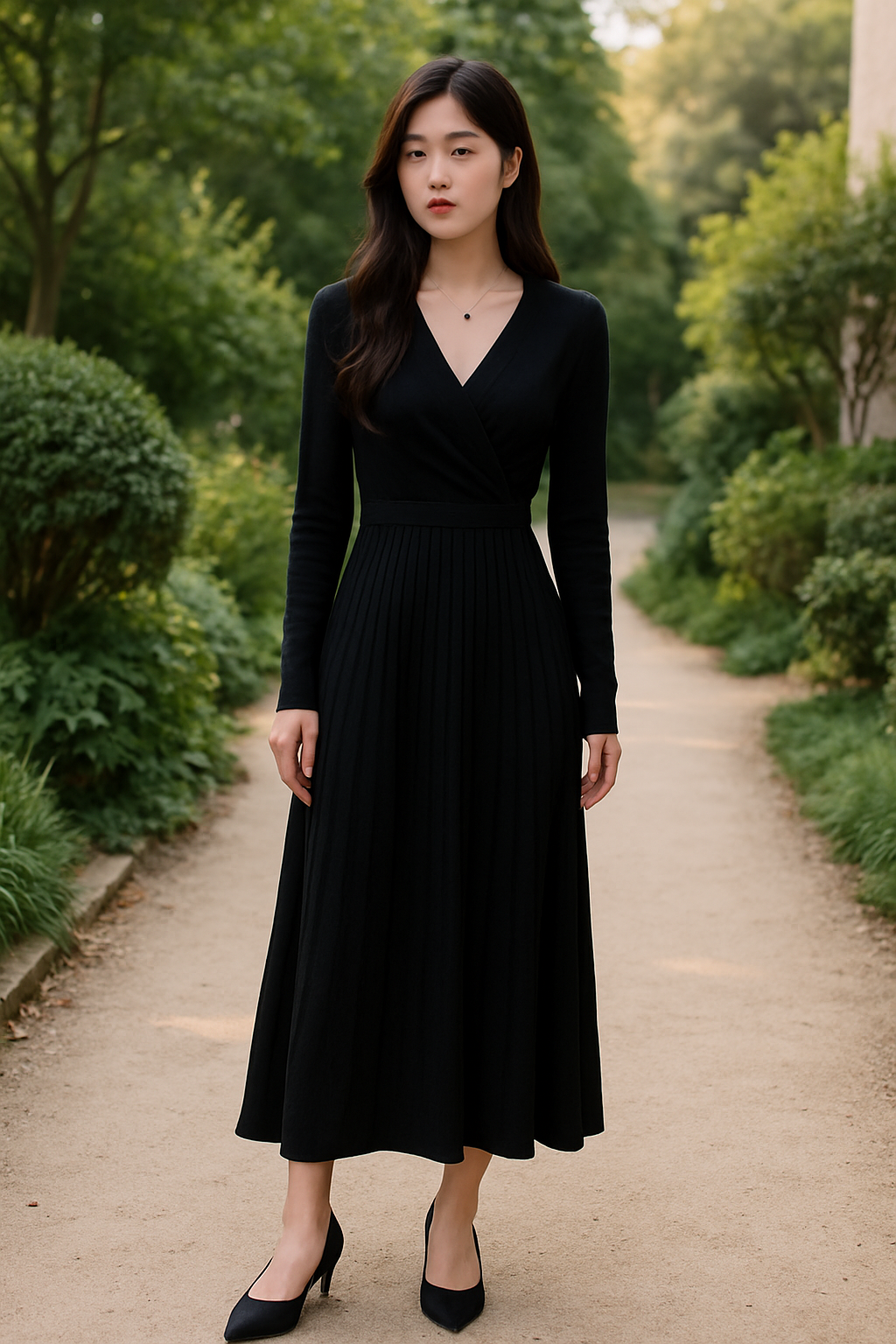 Vestido de Cintura Alta com Decote em V