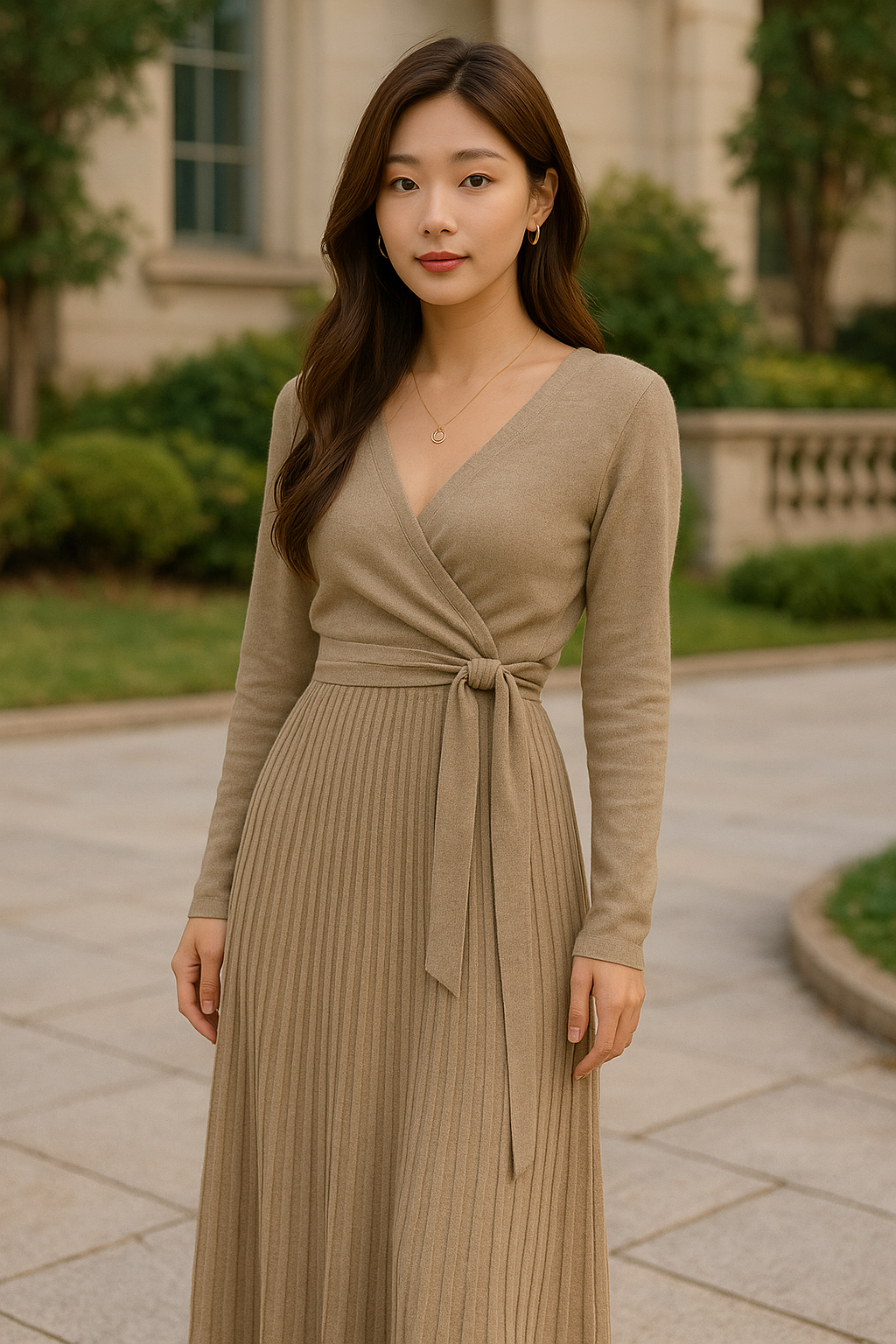Vestido de Cintura Alta com Decote em V