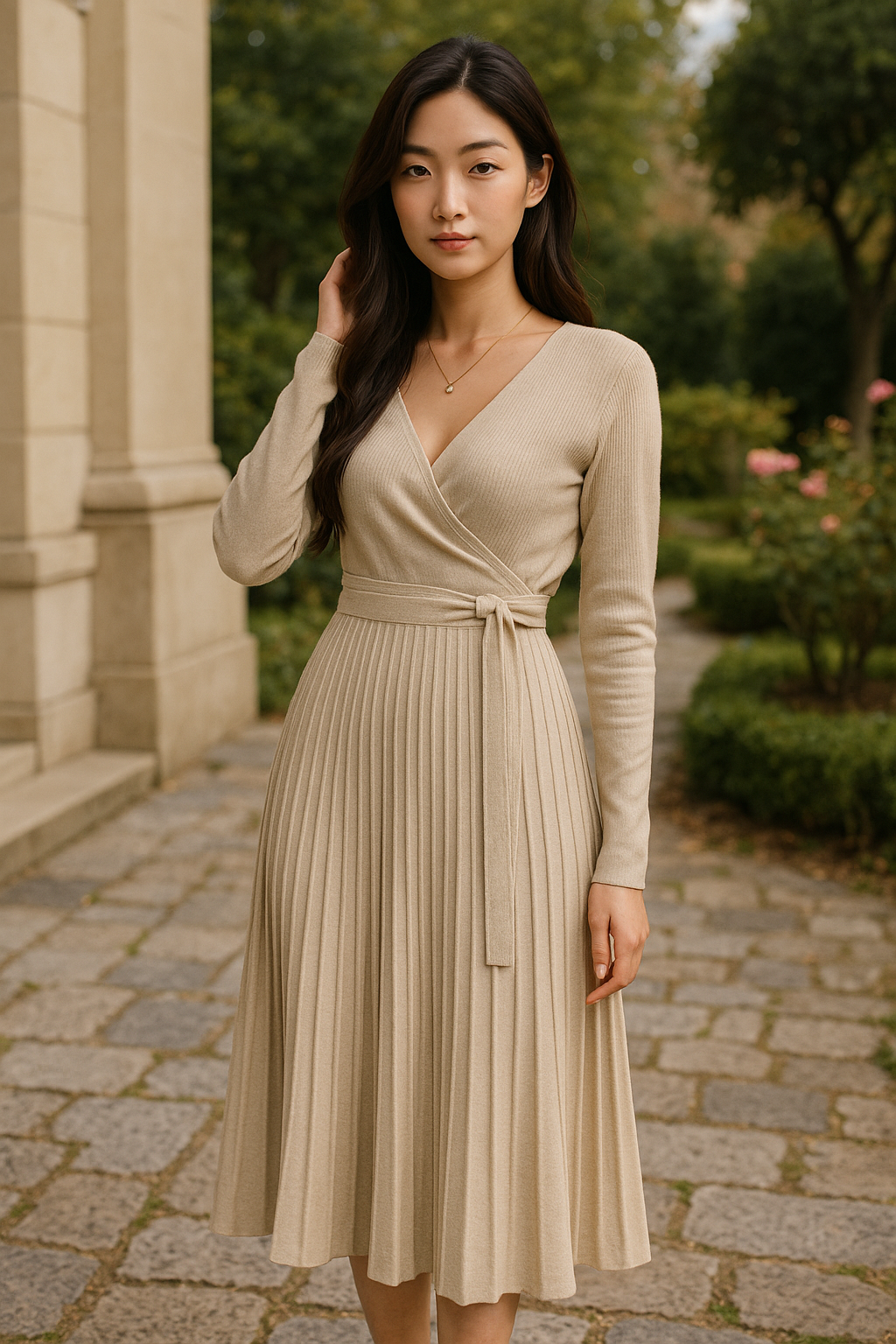 Vestido de Cintura Alta com Decote em V