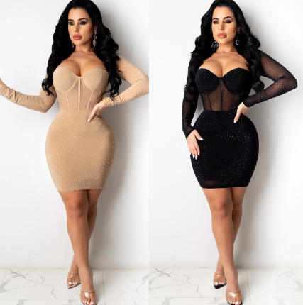 Vestido Midi Bodycon com Strass e Decote Profundo
