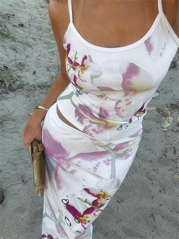 Vestido Longo Verão Alças Finas com Estampa Floral Artística