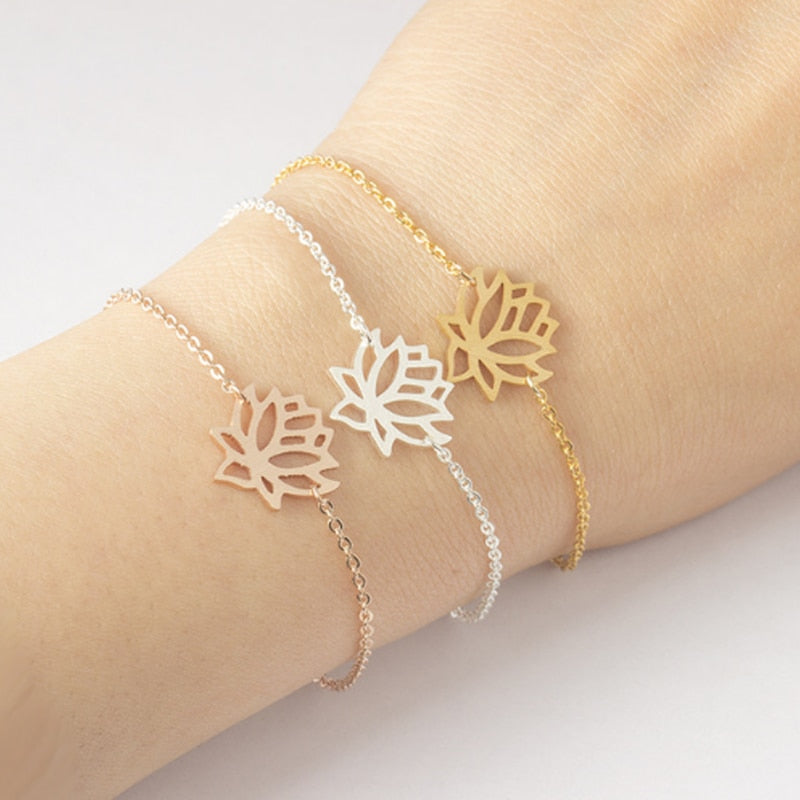 Bracelete de Flor de Lótus em Aço Inoxidável